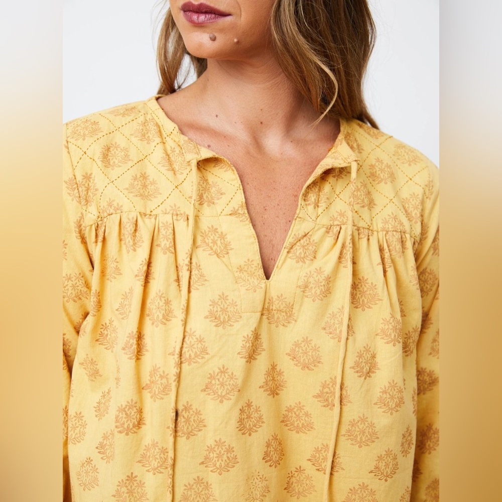 NWT Mata Traders Stamp Top Mustard Yellow Peasant Blouse Boho Tunic 100% Cotton - Picture 2 of 9